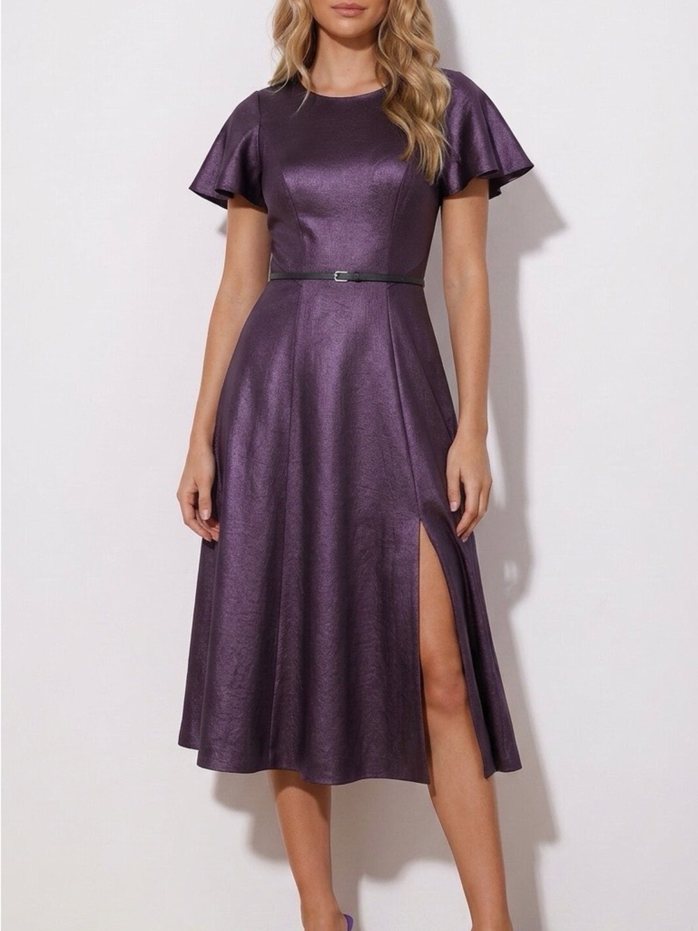 NEW Elie Tahari Shimmering Plum Midi Dress with Flutter Sleeves NWT